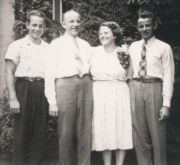 George Wolf, Harry Wolf, Aunt Laurel, Cousin John Wolf, 616 Cooper Avenue, Oradell, New Jersey. 1947. 