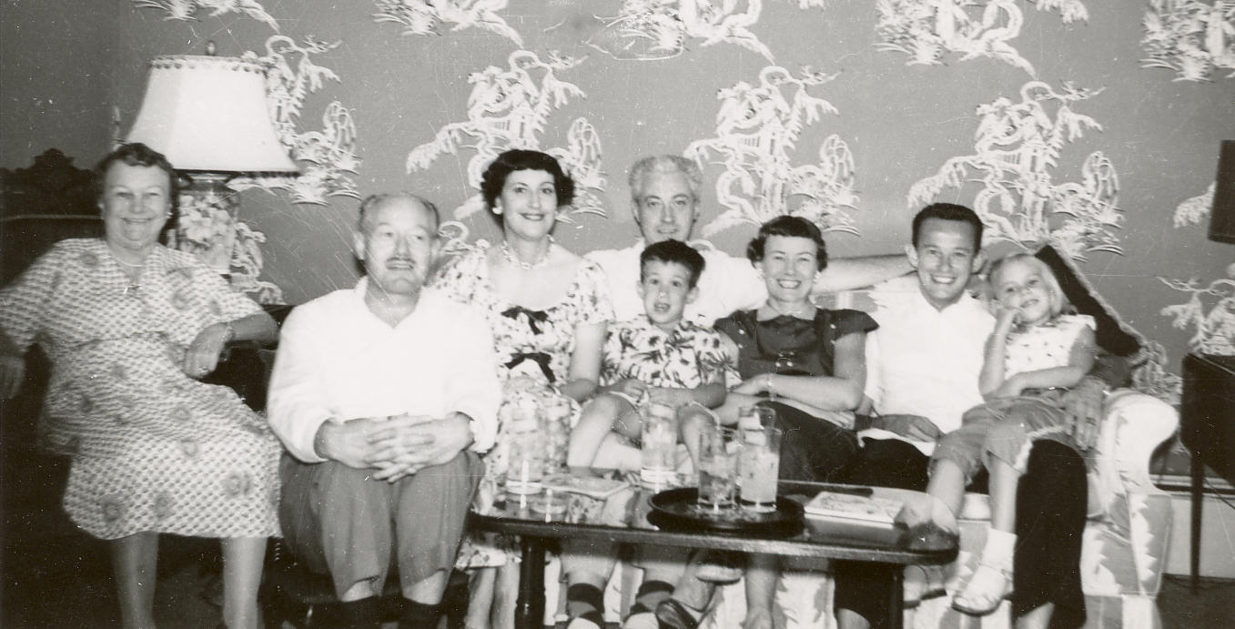 Nannie's 71st Birthday, Uncle Bill Wolf, Aunt Dea, Dad, Me, Mom, Harry Wolf, Jr., and Judy Davids. 1954.